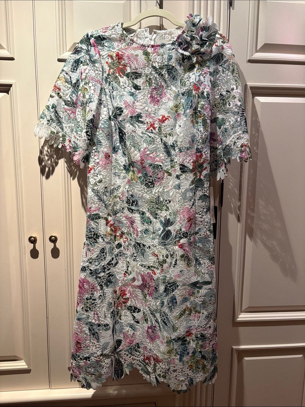 Rickie Freeman for Teri Jon White Lace Midi Dress with Pastel Floral Accents